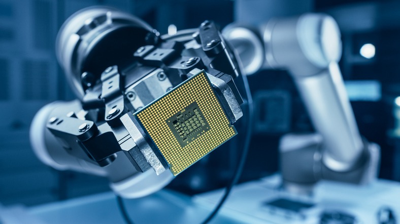 Modern High Tech Authentic 久久精品国产精品 Arm Holding Contemporary Super Computer Processor. Industrial 久久精品国产成人 Manipulator End Effector Holding CPU Chip