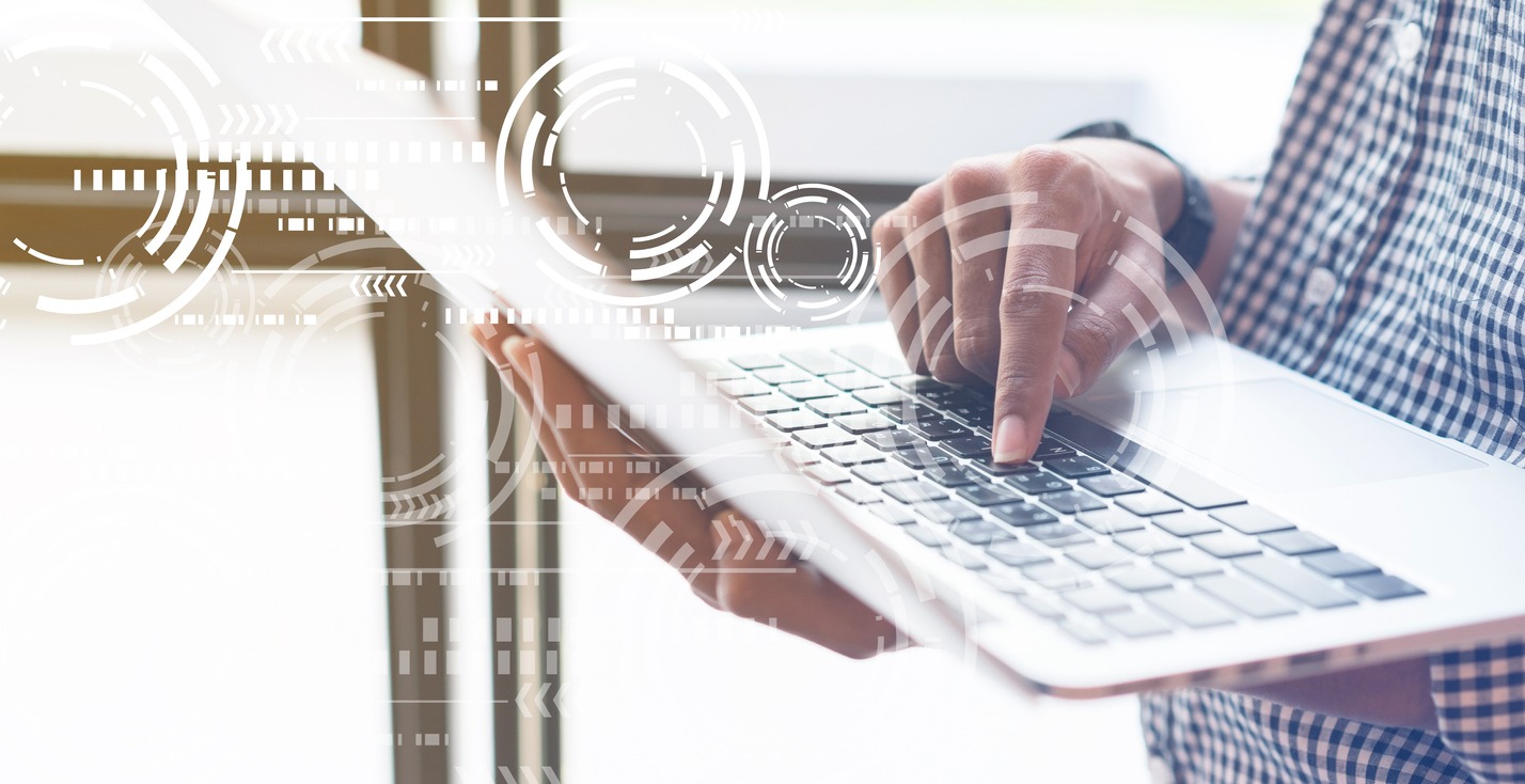 Close up programmer man hand typing on keyboard laptop for encode or register and encrypt passcode with AI virtual interface