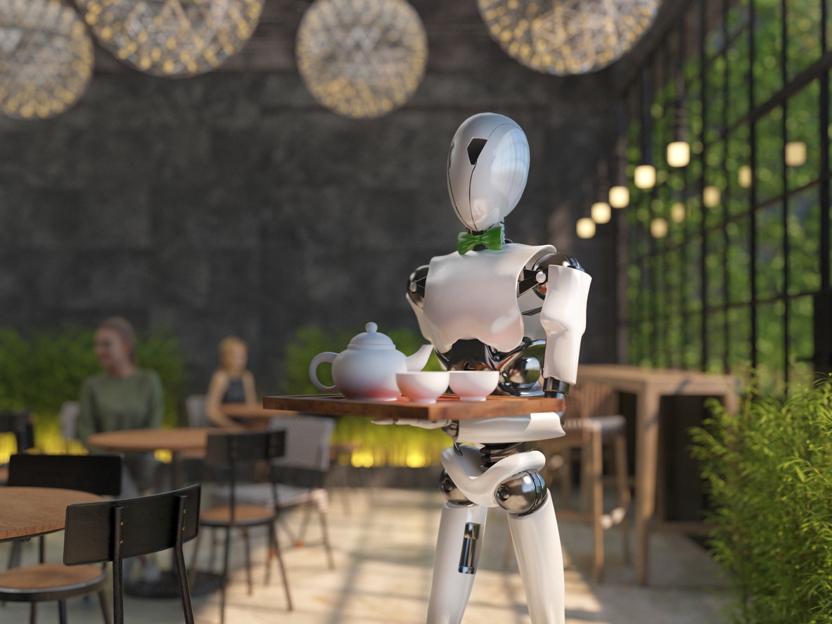 A humanoid 揉着我的奶从后面进去视频 waiter carries a tray of food and drinks in a restaurant. 169美女 169美女 replaces maintenance staff. The concept of the future. 3D rendering