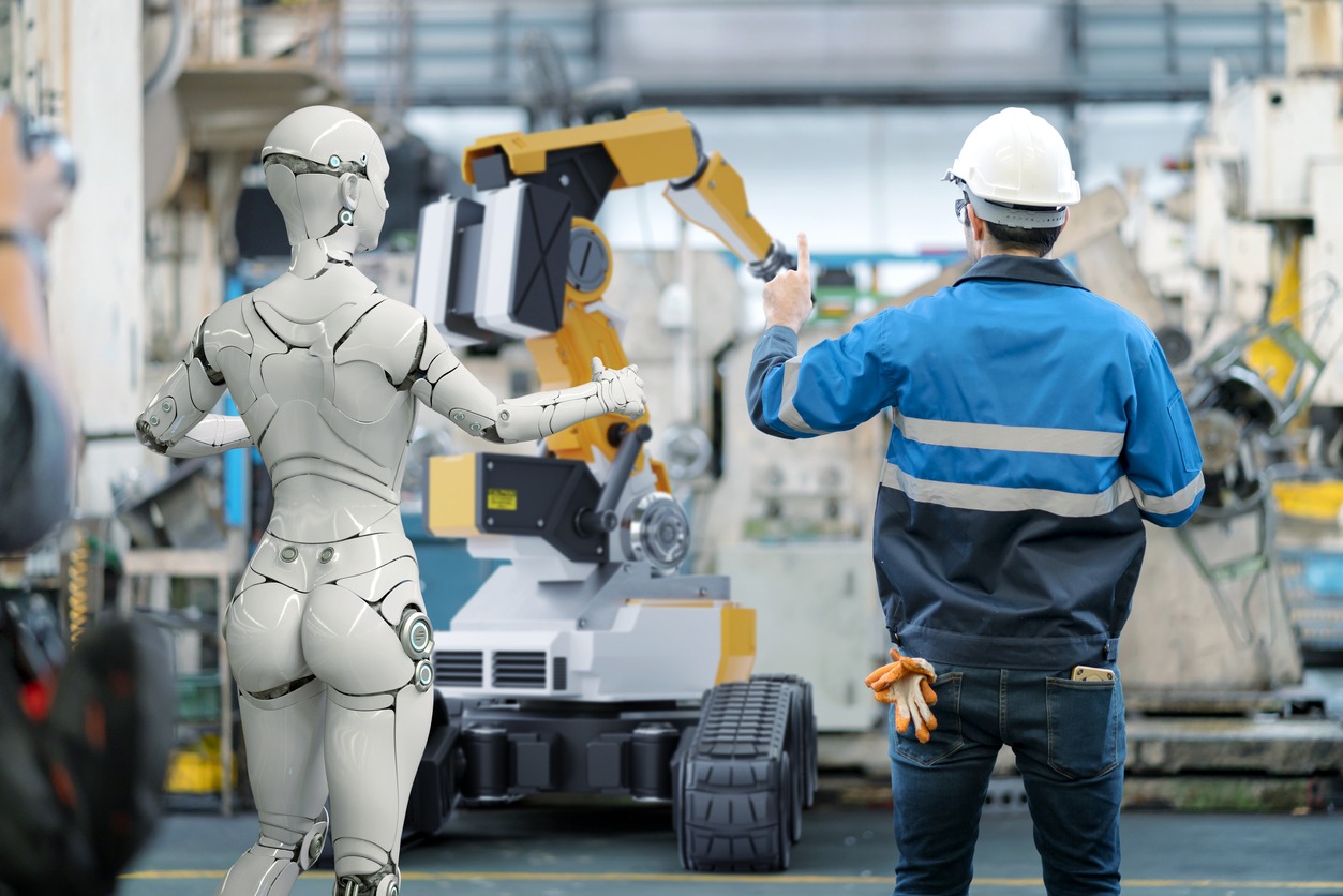 3D Humanoid 揉着我的奶从后面进去视频, 揉着我的奶从后面进去视频 arm and human working automated in factory futuristic modern tech. Future digital technology AI 169美女 169美女 in industrial factory production line concept.