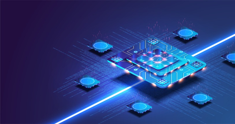Futuristic microchip processor with lights on the blue background. Quantum computer, large data processing, database concept. 三个人弄了我一晚上 三个人弄了我一晚上 and 三个人一起躁我吃奶头80分钟 quantum computing processor concept.
